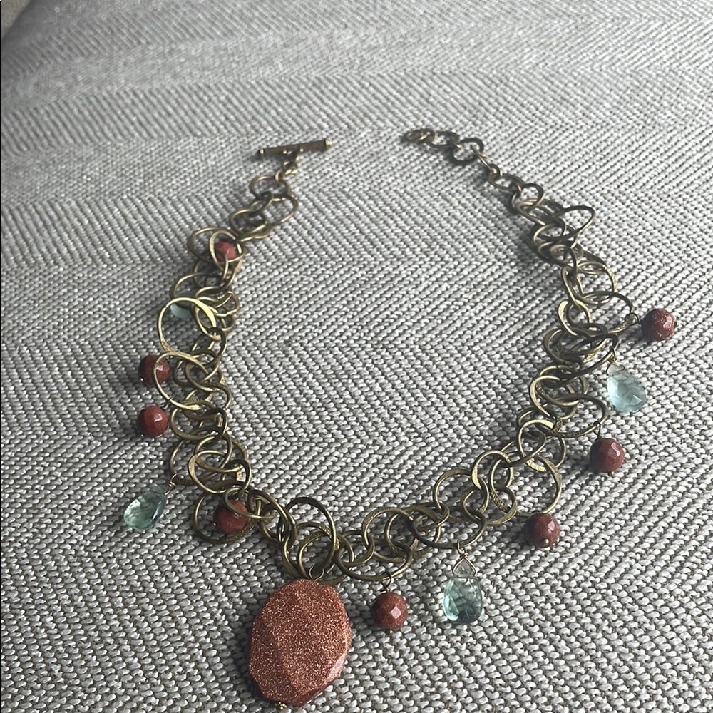 Statement  Gold , Blue and Red Beaded Necklace